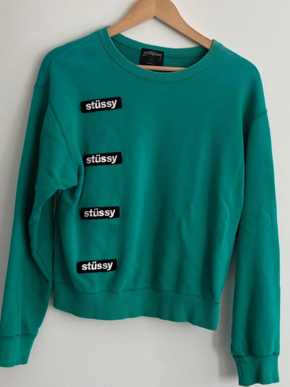 Vintage Stussy Stacked Box Logo Patch Crewneck Sweatshirt Green Suze Small